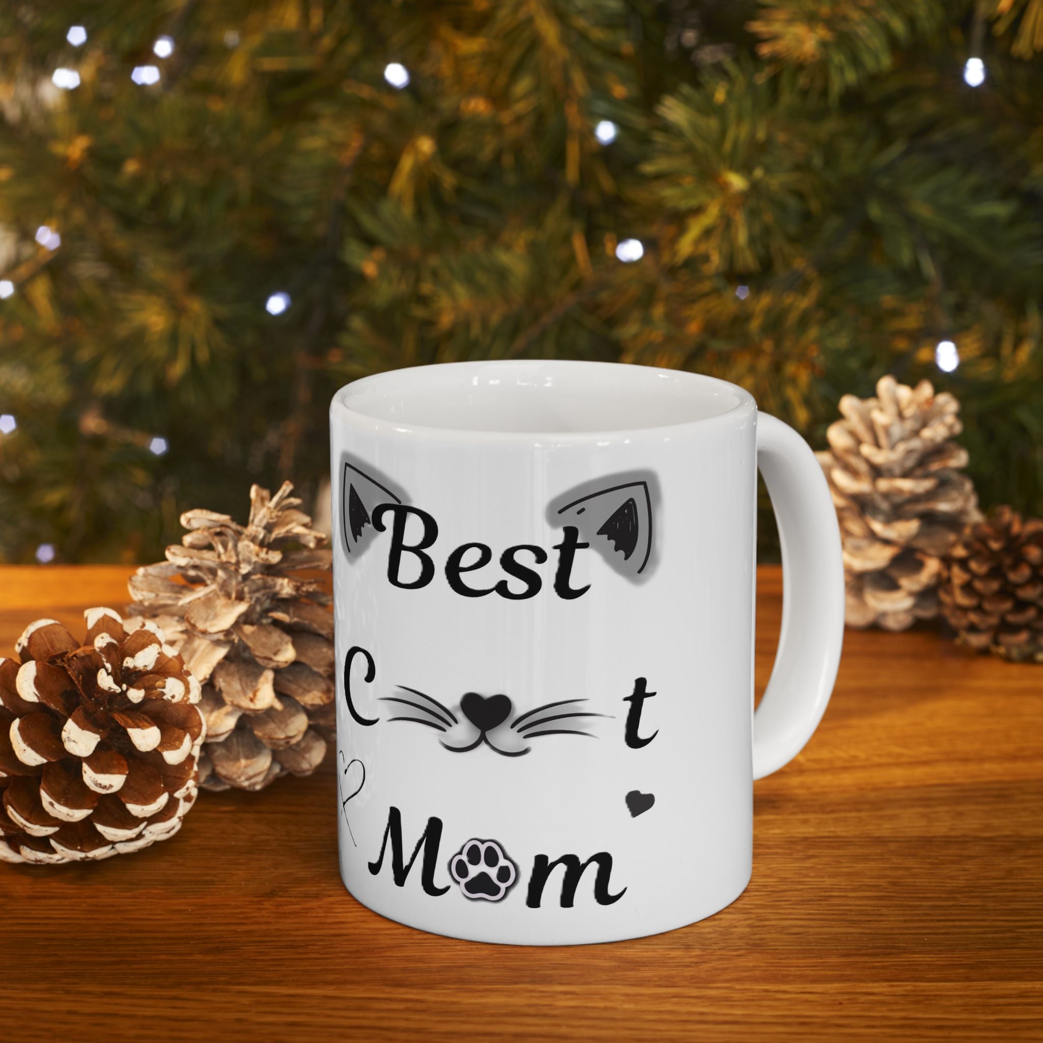 Best Cat Mom Ceramic Mug — Cute Black & White Cat Ear Design (11oz, 15oz)