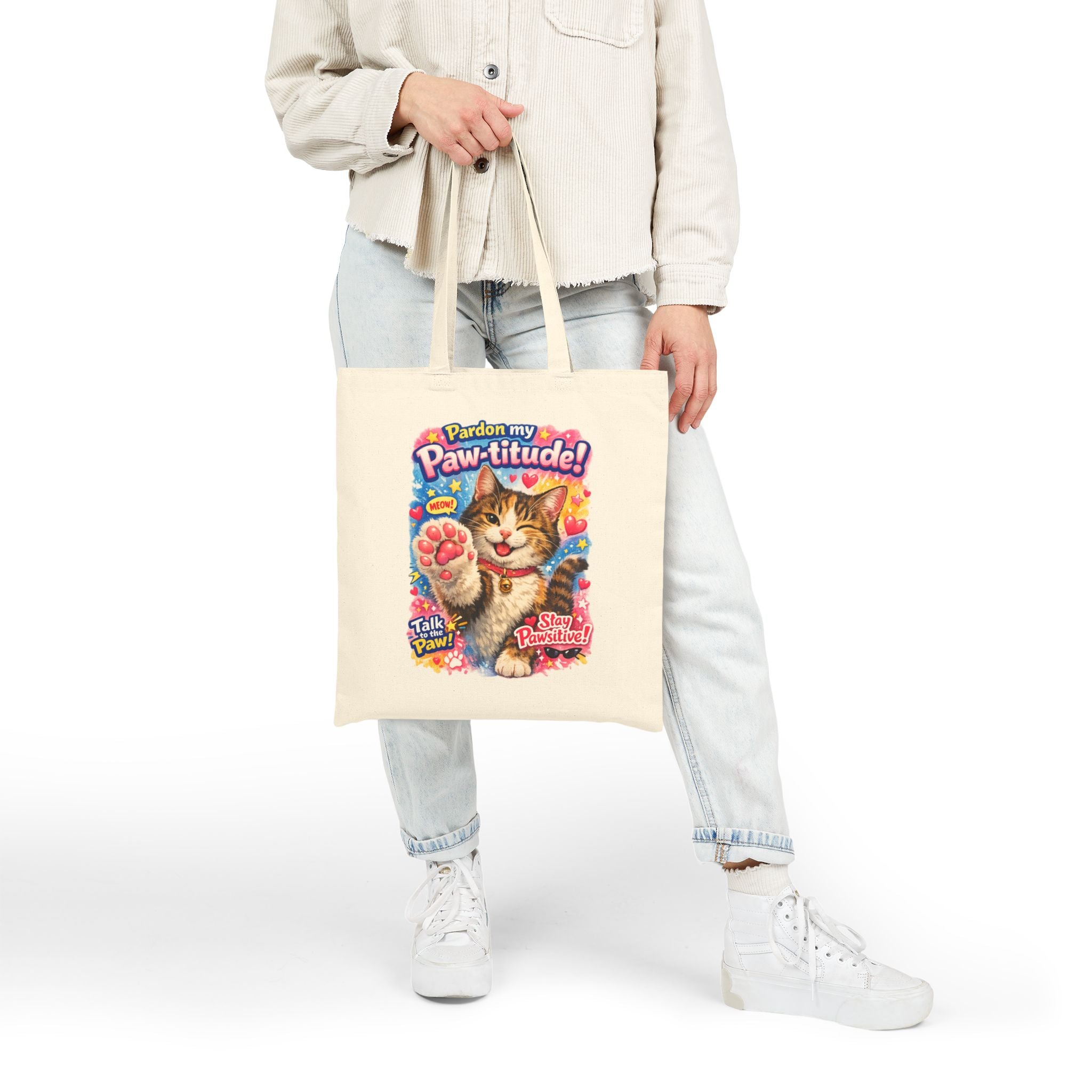 Cute Cat Tote Bag — "Pardon My Paw-titude!" Canvas Shopper