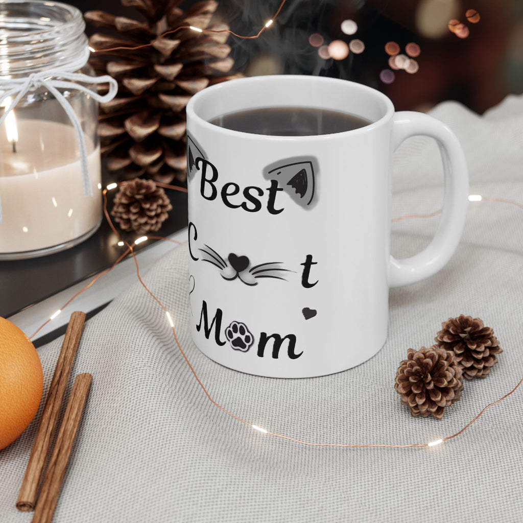 Best Cat Mom Ceramic Mug — Cute Black & White Cat Ear Design (11oz, 15oz)