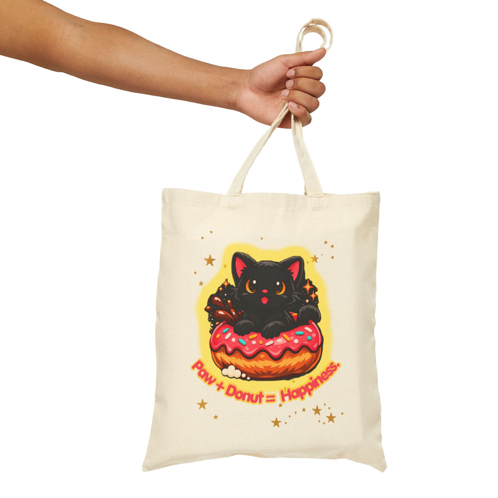 Tote Bag — Black Cat in Donut "Purr + Donut = Happiness" Cotton Tote