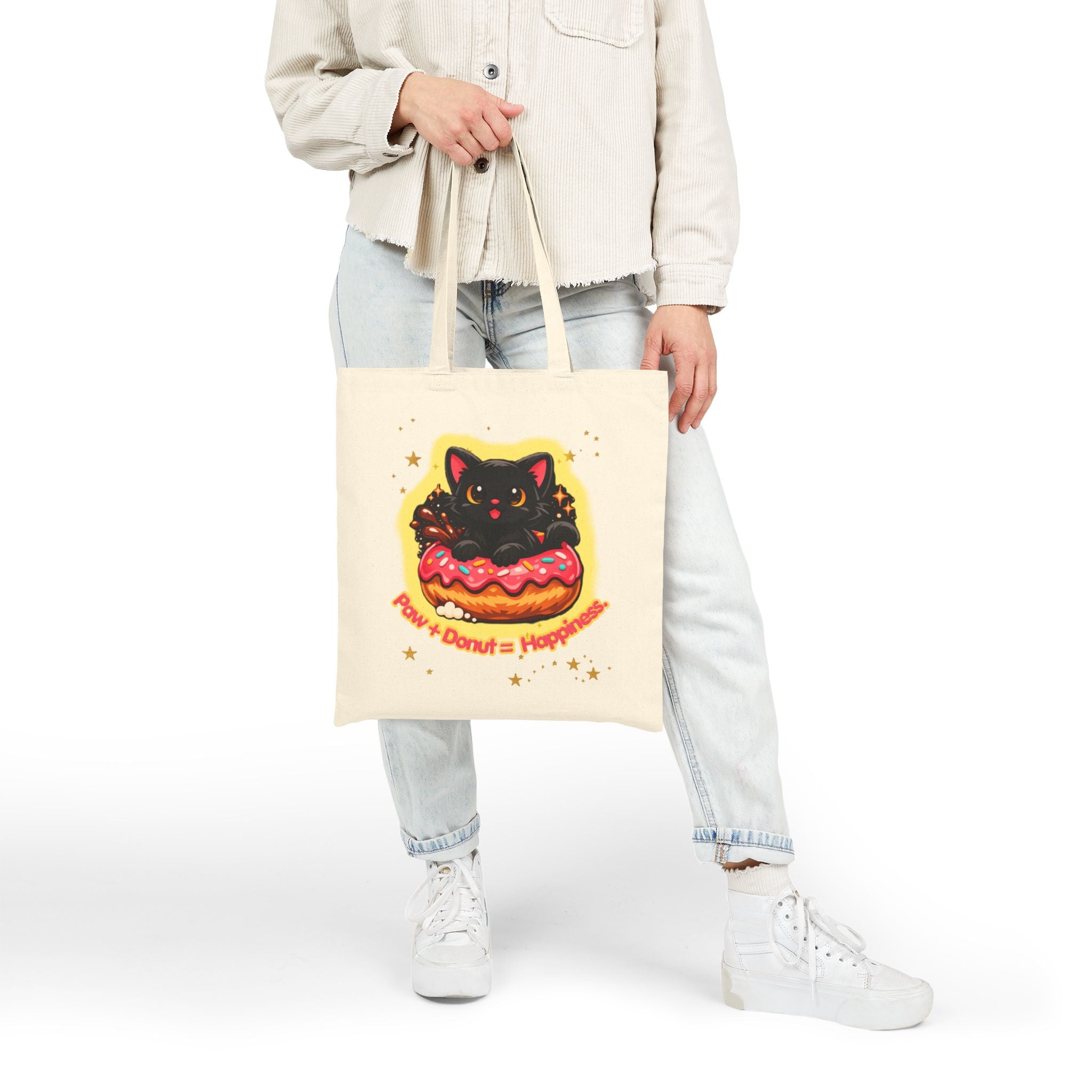 Canvas Tote — Black Cat in Donut "Purr + Donut = Happiness"