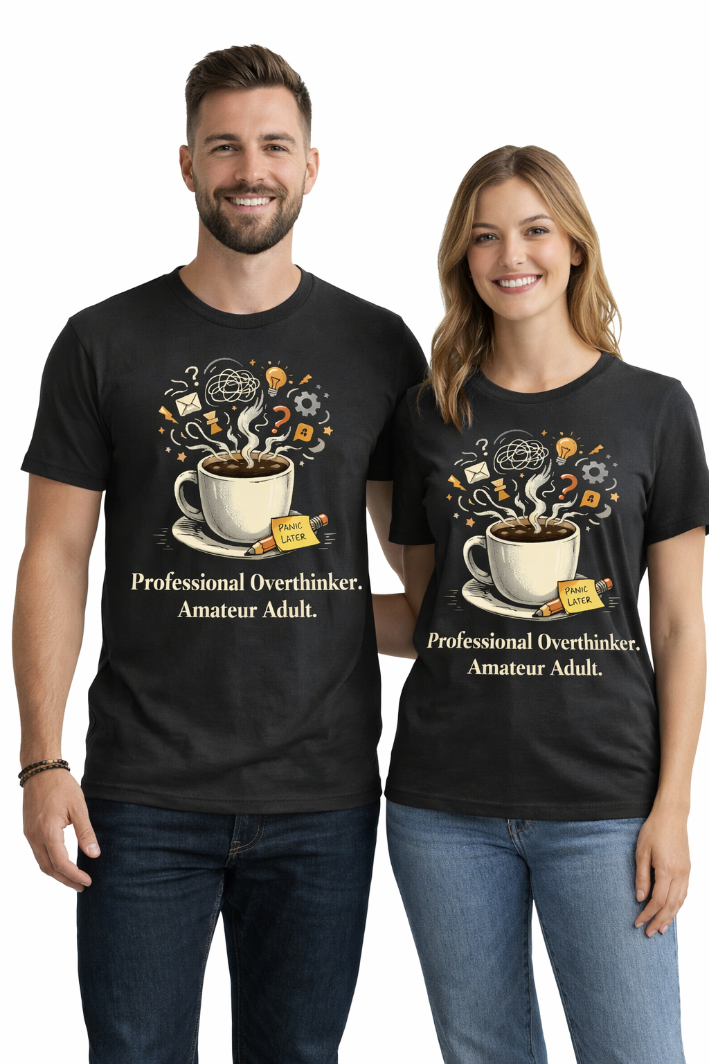 Professional Overthinker T‑Shirt – Coffee & Ideas Graphic Tee for Thoughtful Souls | Soft Cotton Crew