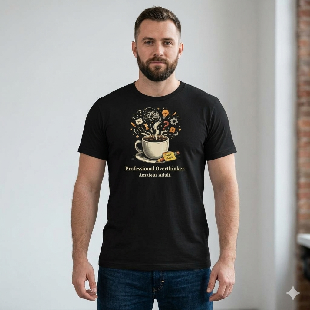 Professional Overthinker T‑Shirt – Coffee & Ideas Graphic Tee for Thoughtful Souls | Soft Cotton Crew