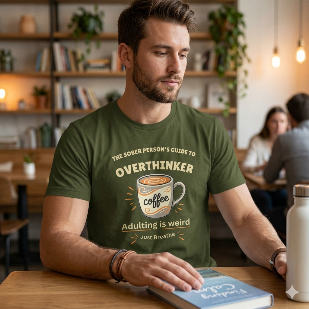Overthinker Coffee T-Shirt — "The Sober Person's Guide to Overthinker" Motivational Tee (Adulting Is Weird)