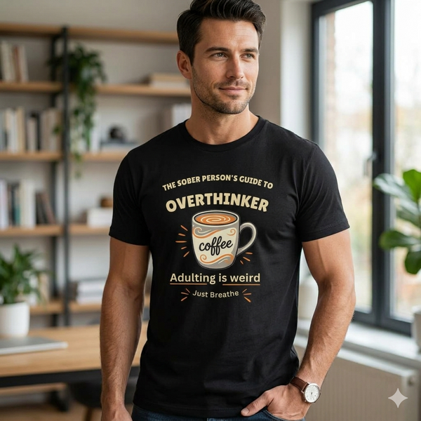 Overthinker Coffee T-Shirt — "The Sober Person's Guide to Overthinker" Motivational Tee (Adulting Is Weird)
