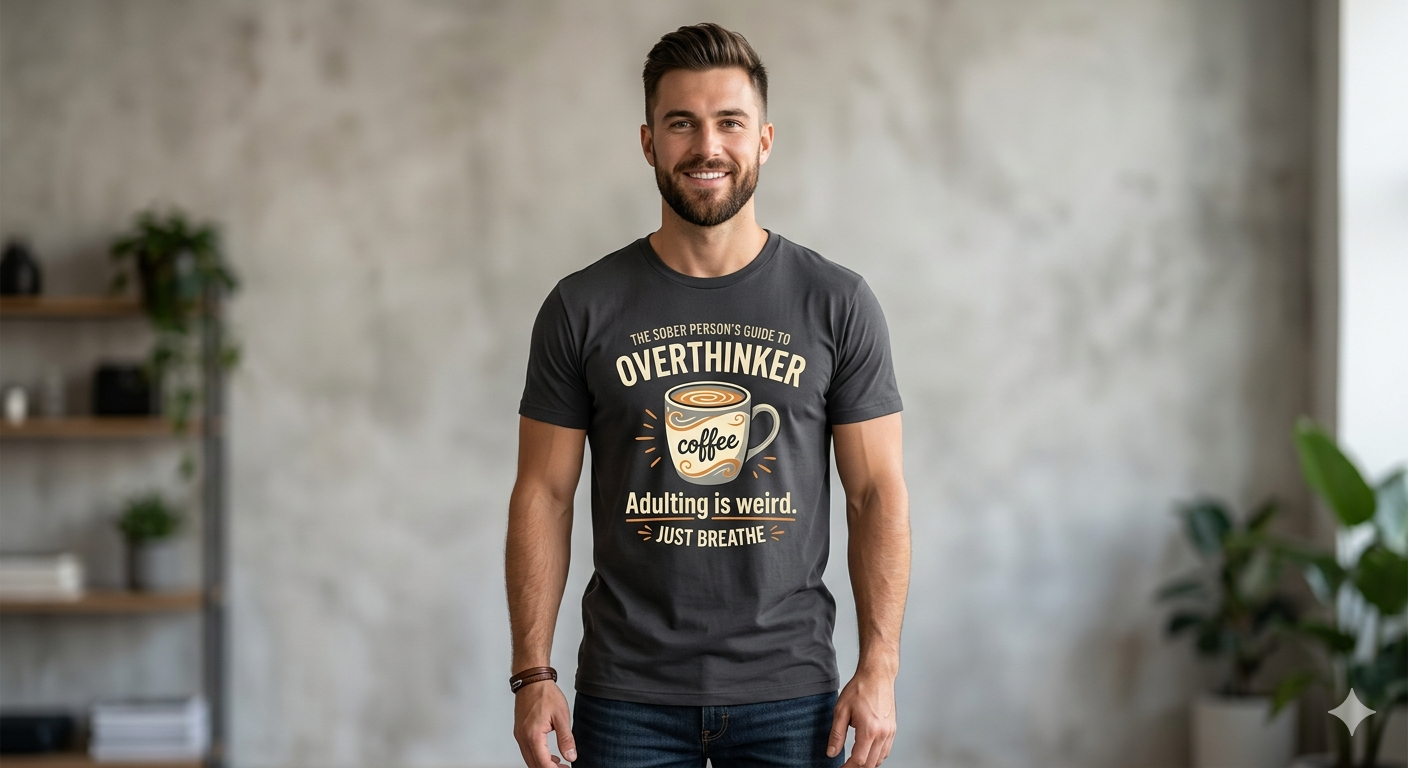 Overthinker Coffee T-Shirt — "The Sober Person's Guide to Overthinker" Motivational Tee (Adulting Is Weird)