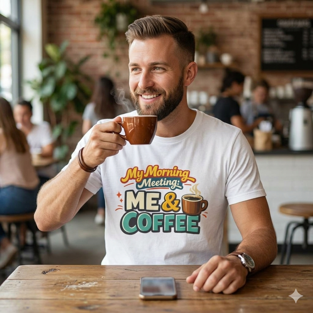 My Morning Meeting: Me & Coffee T‑Shirt — Funny Coffee Lover Tee