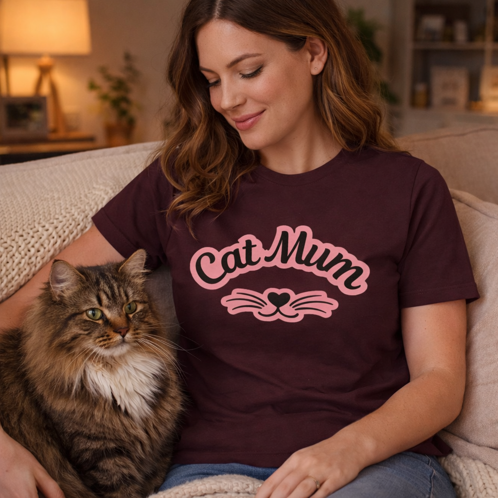 Cat Mum T-Shirt — Cute Cat Mom Tee with Whisker Heart Design