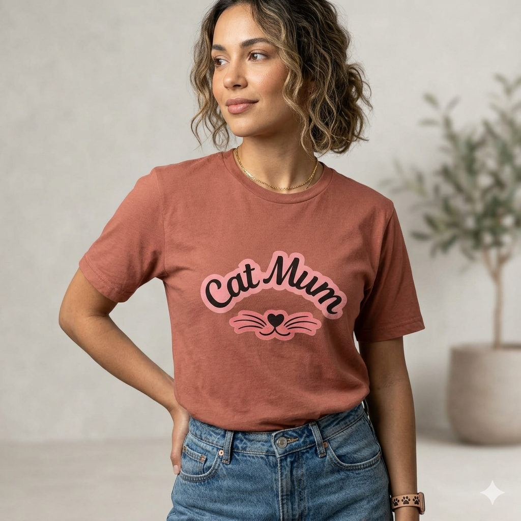 Cat Mum T-Shirt — Cute Cat Mom Tee with Whisker Heart Design