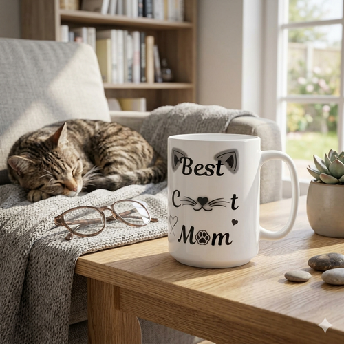 Best Cat Mom Ceramic Mug — Cute Black & White Cat Ear Design (11oz, 15oz)