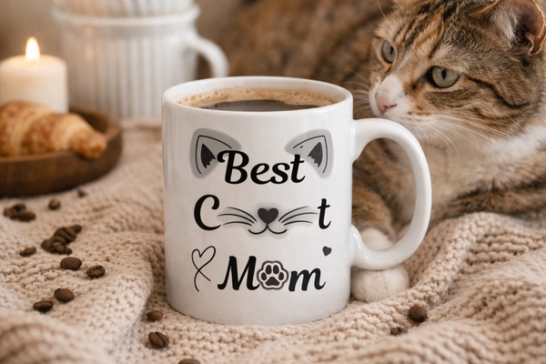 Best Cat Mom Ceramic Mug — Cute Black & White Cat Ear Design (11oz, 15oz)