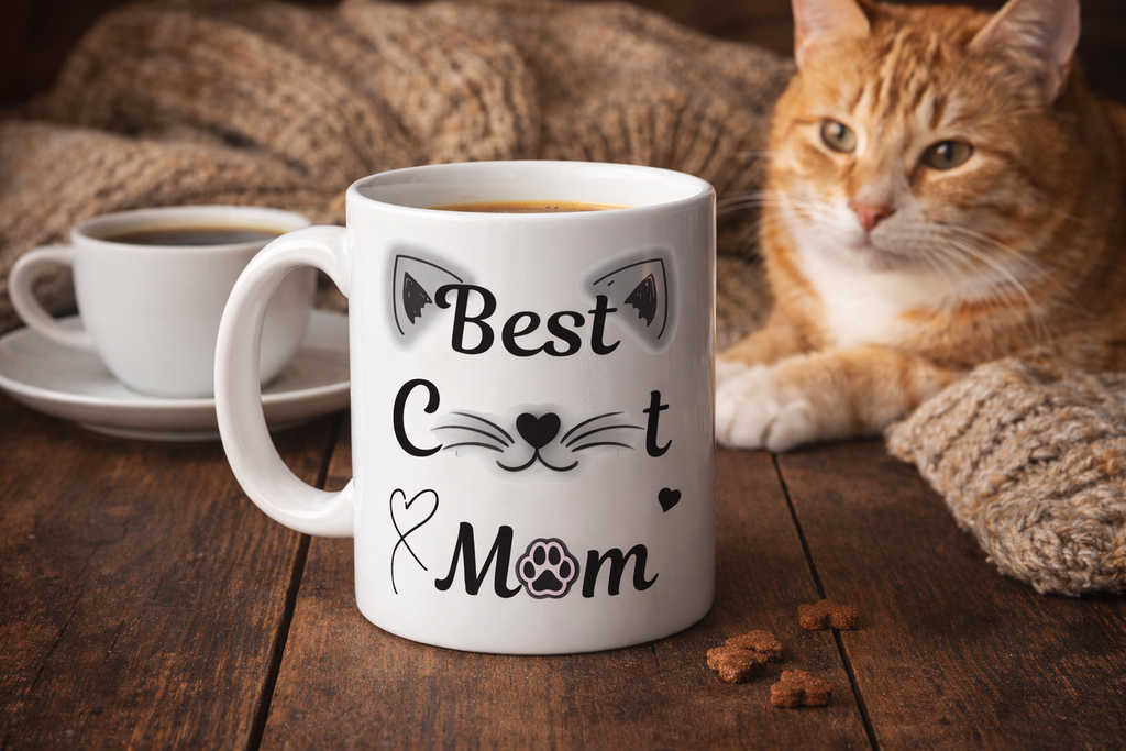 Best Cat Mom Ceramic Mug — Cute Black & White Cat Ear Design (11oz, 15oz)