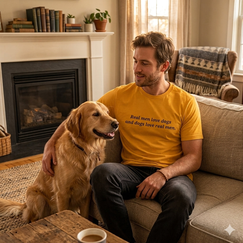 Dog Lover Tee — "Real Men Love Dogs and Dogs Love Real Men" Cotton Crew