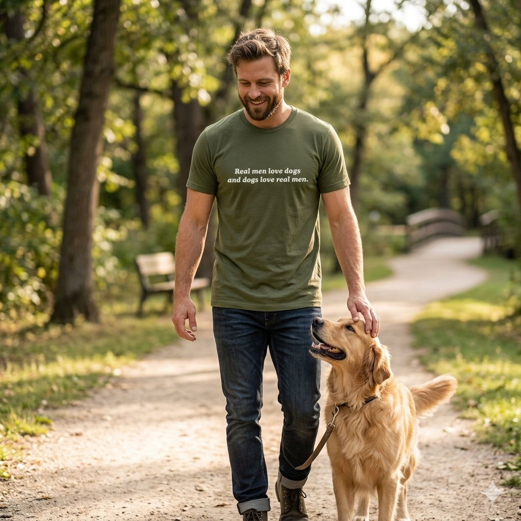 Dog Lover Tee — "Real Men Love Dogs and Dogs Love Real Men" Cotton Crew