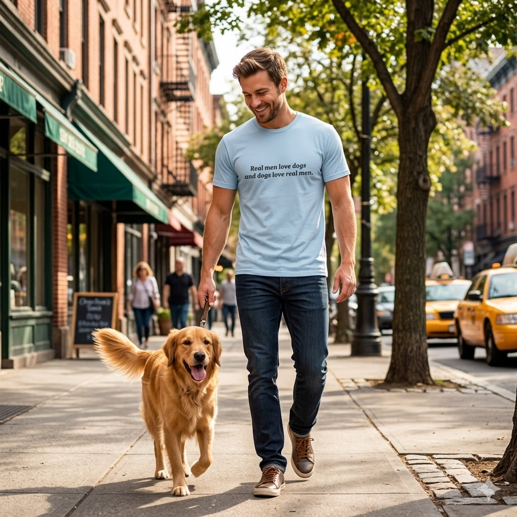 Dog Lover Tee — "Real Men Love Dogs and Dogs Love Real Men" Cotton Crew