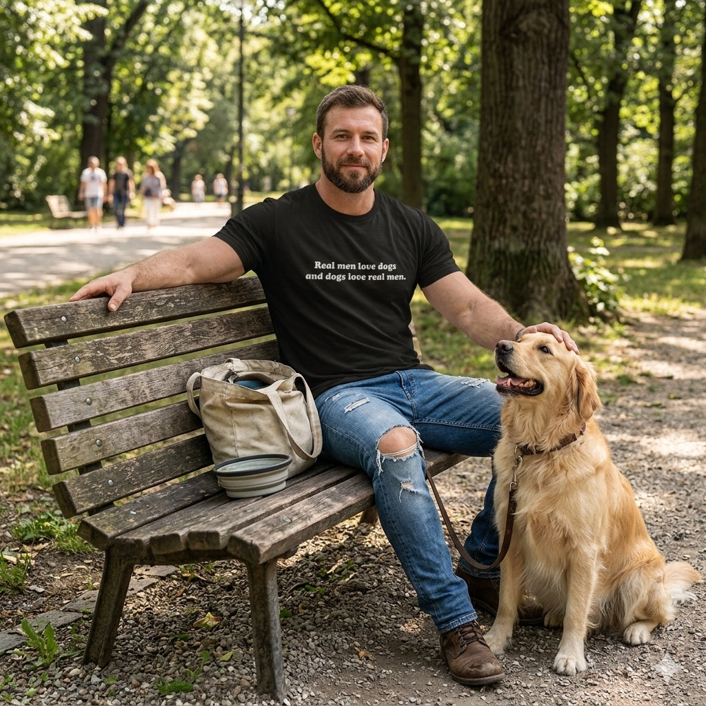 Dog Lover Tee — "Real Men Love Dogs and Dogs Love Real Men" Cotton Crew