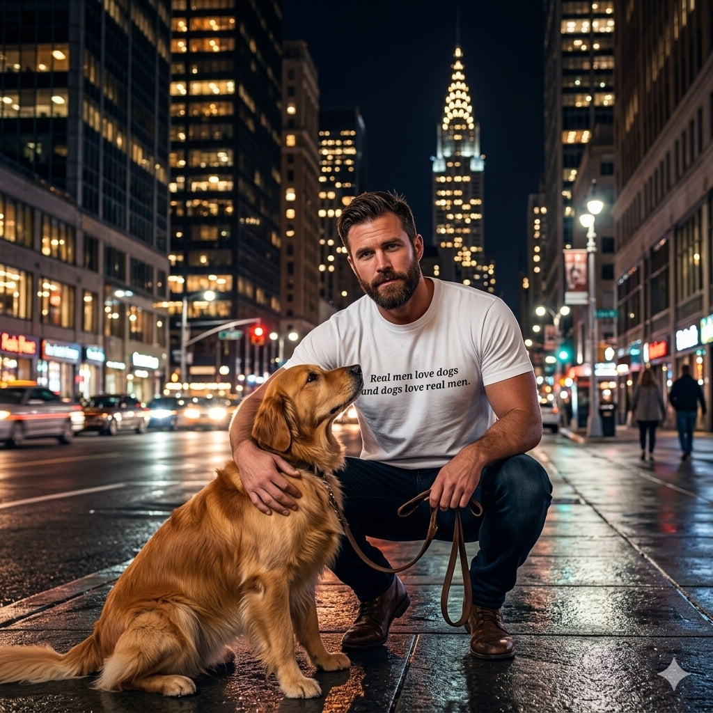 Dog Lover Tee — "Real Men Love Dogs and Dogs Love Real Men" Cotton Crew