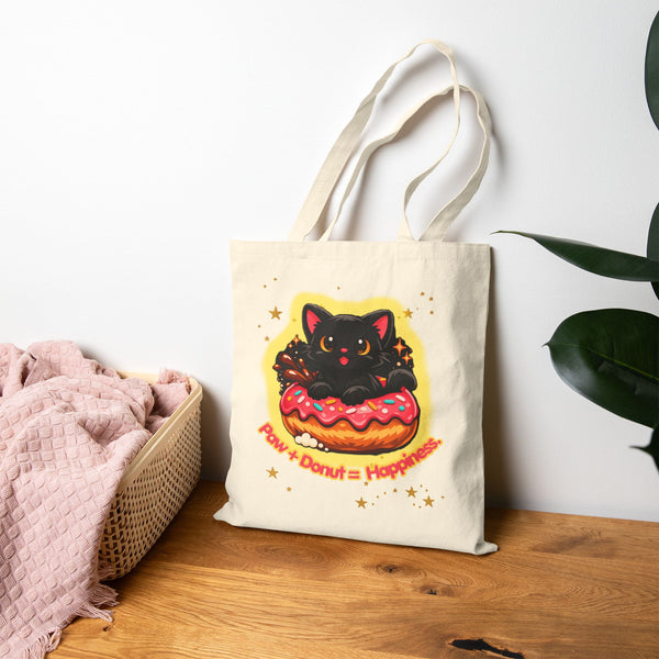 Tote Bag — Black Cat in Donut "Purr + Donut = Happiness" Cotton Tote