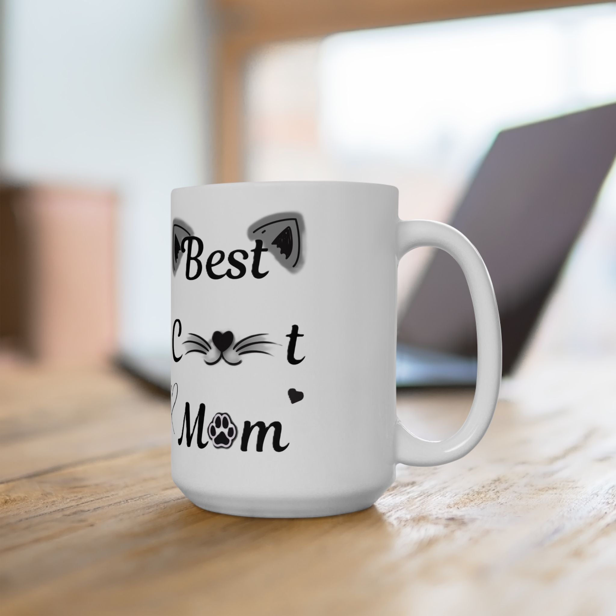 Best Cat Mom Ceramic Mug — Cute Black & White Cat Ear Design (11oz, 15oz)