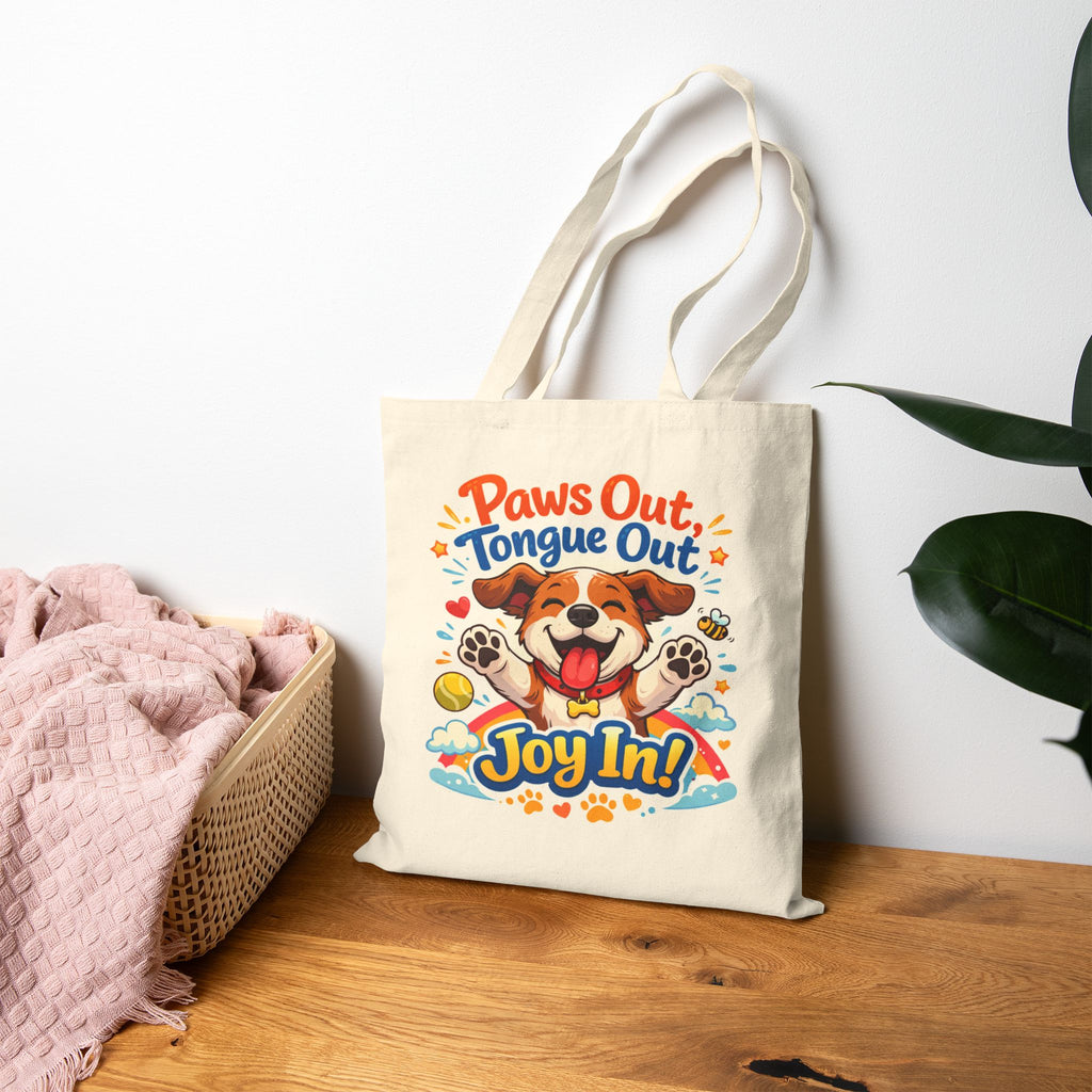 Tote Bag — "Paws Out, Tongue Out, Joy In!" Cute Happy Dog Canvas Tote