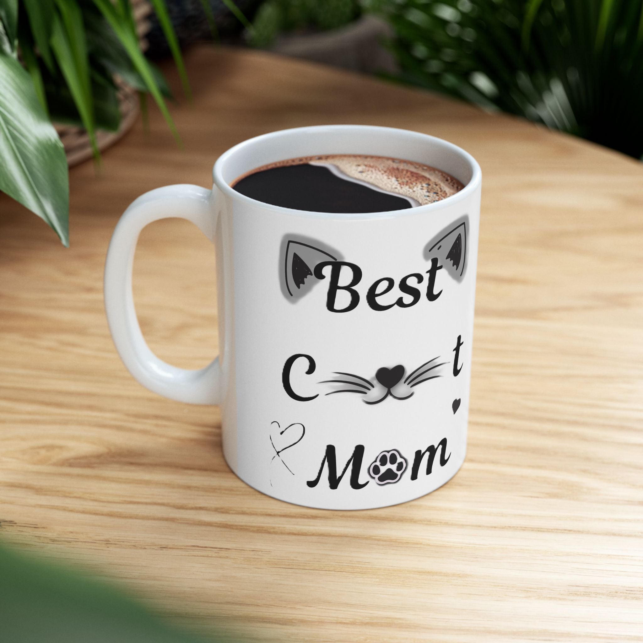 Best Cat Mom Ceramic Mug — Cute Black & White Cat Ear Design (11oz, 15oz)