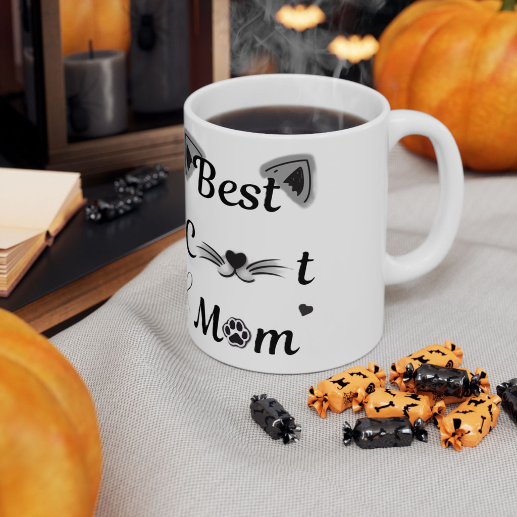 Best Cat Mom Ceramic Mug — Cute Black & White Cat Ear Design (11oz, 15oz)