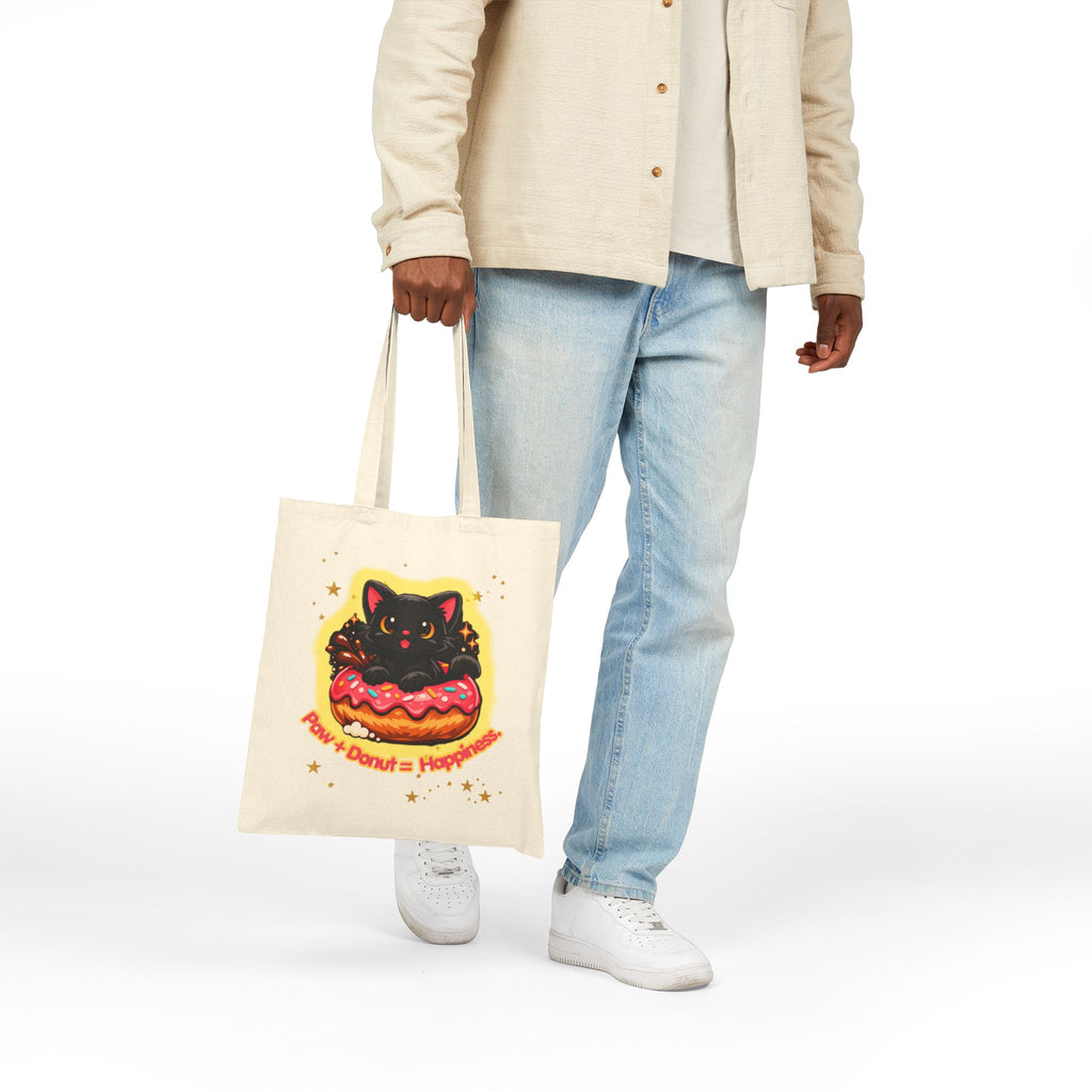 Tote Bag — Black Cat in Donut "Purr + Donut = Happiness" Cotton Tote