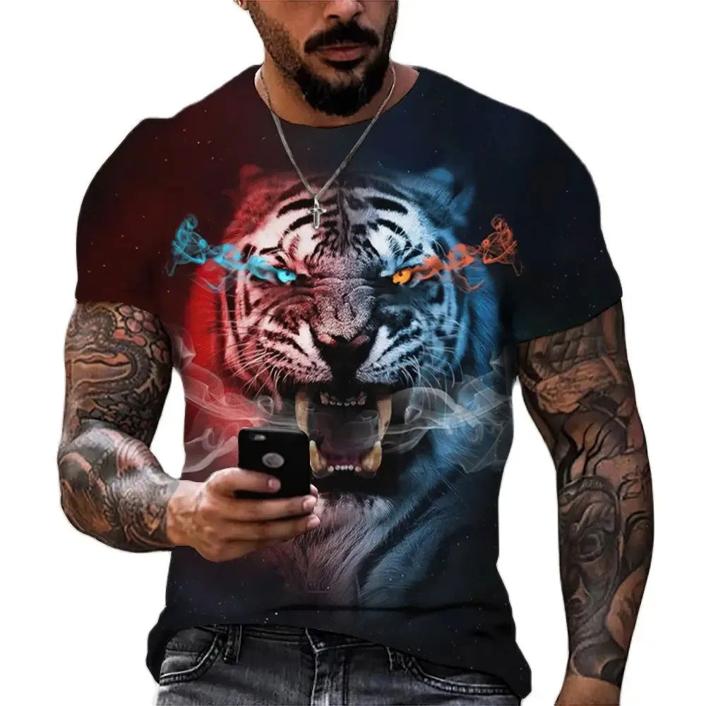 Tiger fighting beast 3D printing t-shirt summer clothing men's cool 3D printing men's sports outdoor short sleeve top men's t