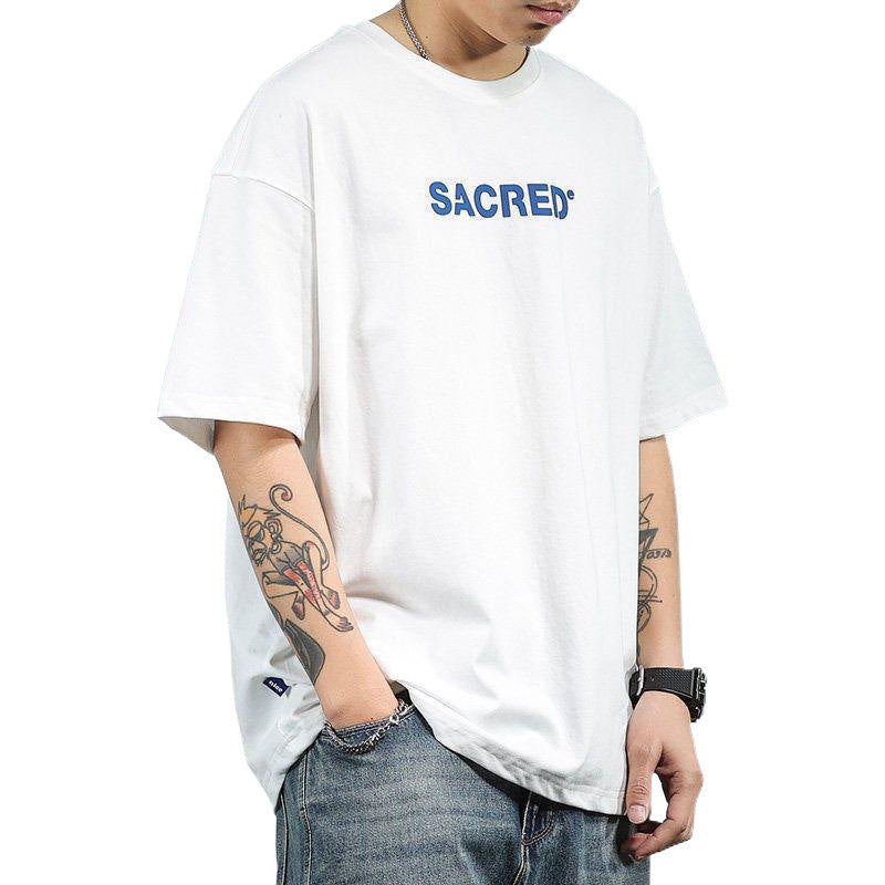 Pure Cotton Heavyweight Short-Sleeve Men's Trendy Brand Ins Versatile T-Shirt Top Retro Distressed Half