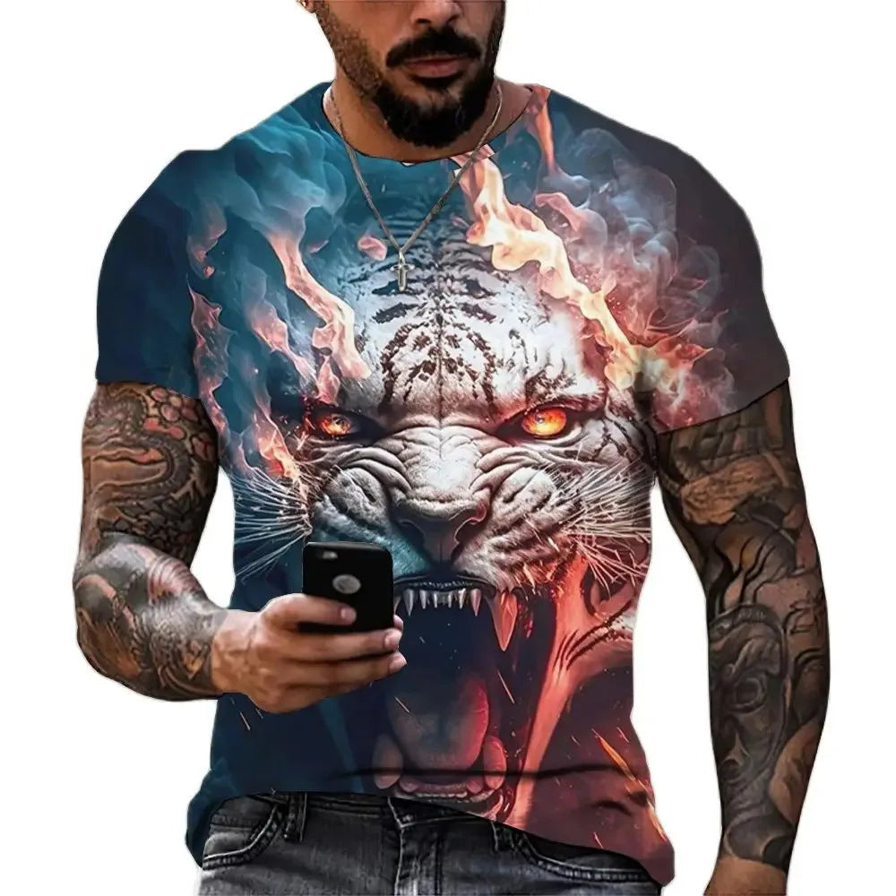 Tiger fighting beast 3D printing t-shirt summer clothing men's cool 3D printing men's sports outdoor short sleeve top men's t