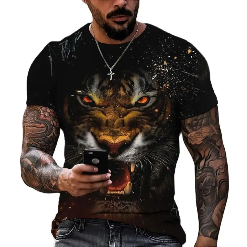 Tiger fighting beast 3D printing t-shirt summer clothing men's cool 3D printing men's sports outdoor short sleeve top men's t