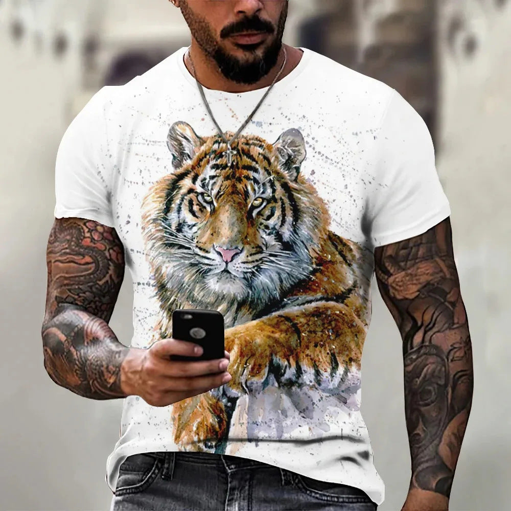 Tiger fighting beast 3D printing t-shirt summer clothing men's cool 3D printing men's sports outdoor short sleeve top men's t