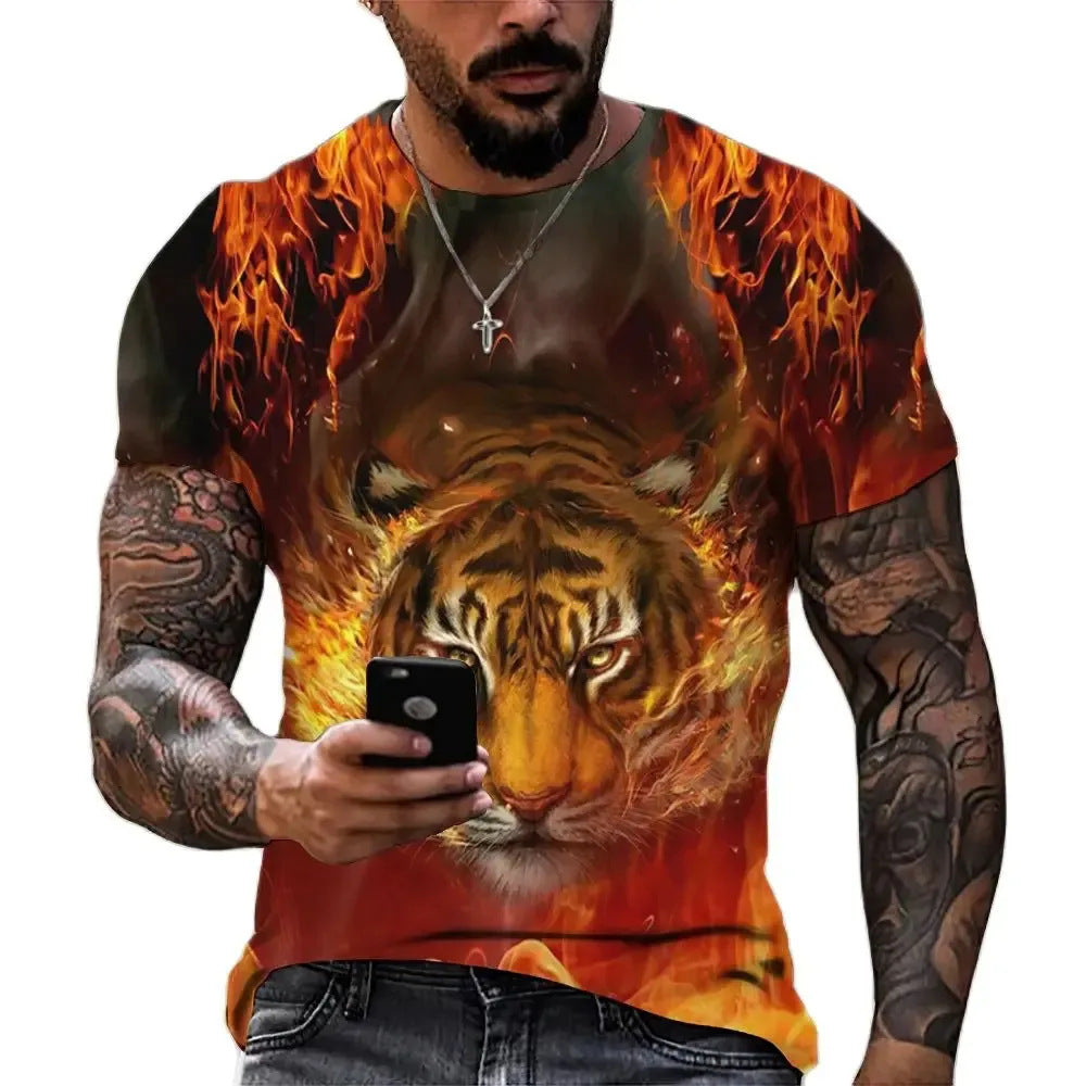 Tiger fighting beast 3D printing t-shirt summer clothing men's cool 3D printing men's sports outdoor short sleeve top men's t