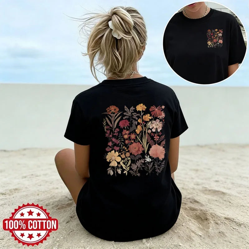 Women's Floral Graphic Cotton Tee – Minimalist Streetwear