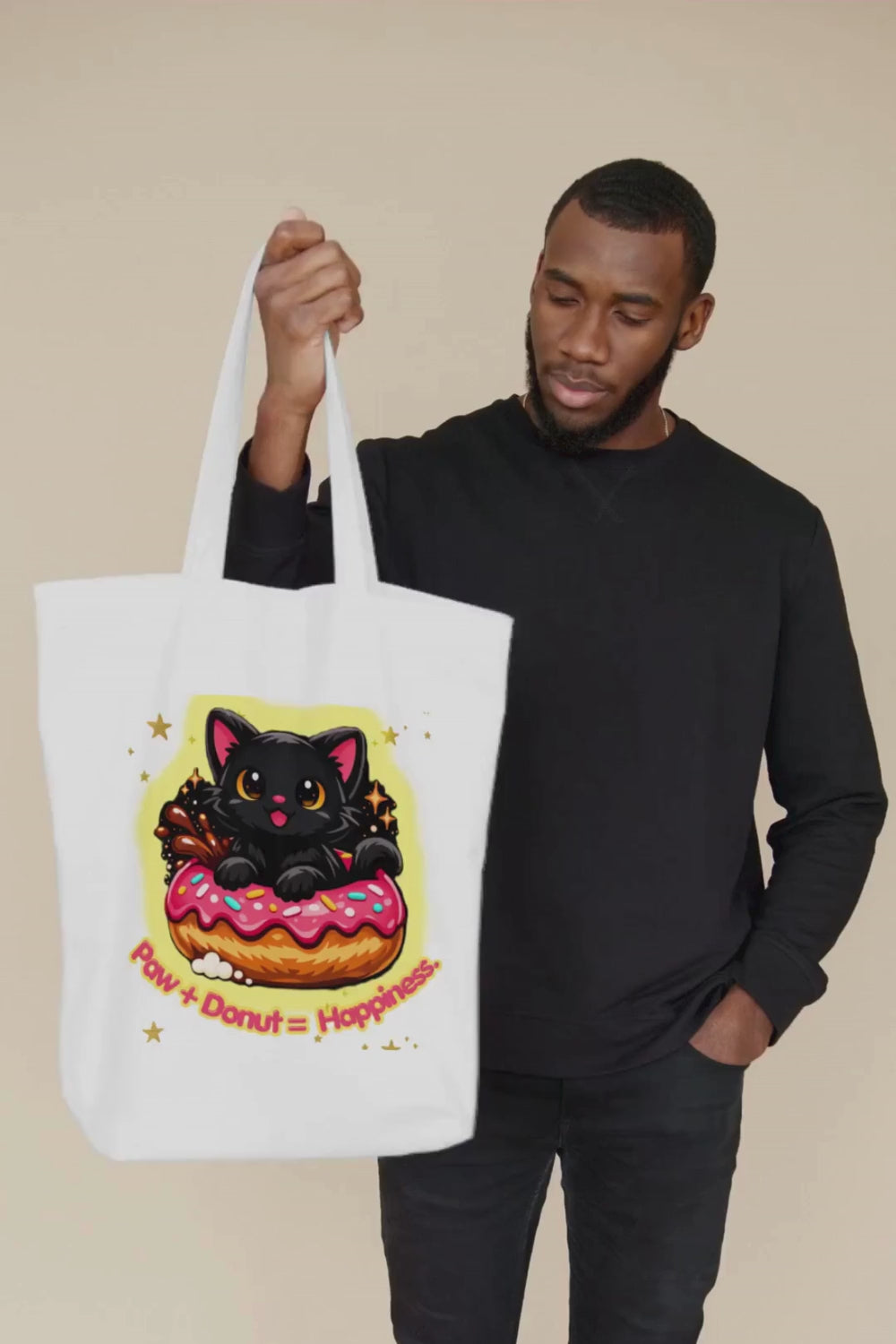 Tote Bag — Black Cat in Donut "Purr + Donut = Happiness" Cotton Tote